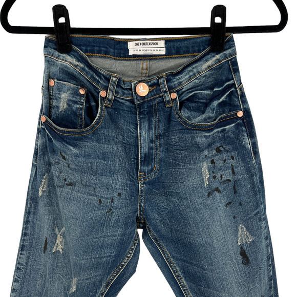 One Teaspoon Scallywags Jeans High Rise Painted Blue Marine Wash Denim - Picture 4 of 14